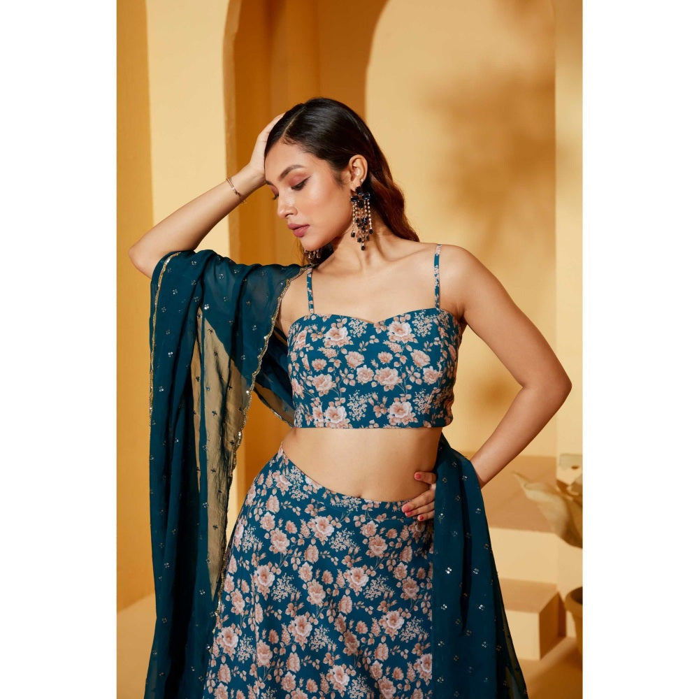 Suruchi Parakh Womens Teal Floral Print Blouse with Lehenga and Dupatta (Set of 3)