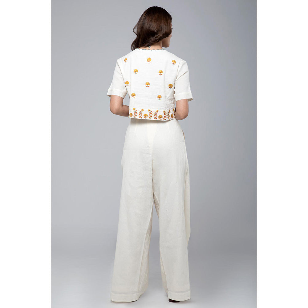 S & V designs Yellow Embroidered Crop Top with Box Pleated Palazzo (Set of 2)