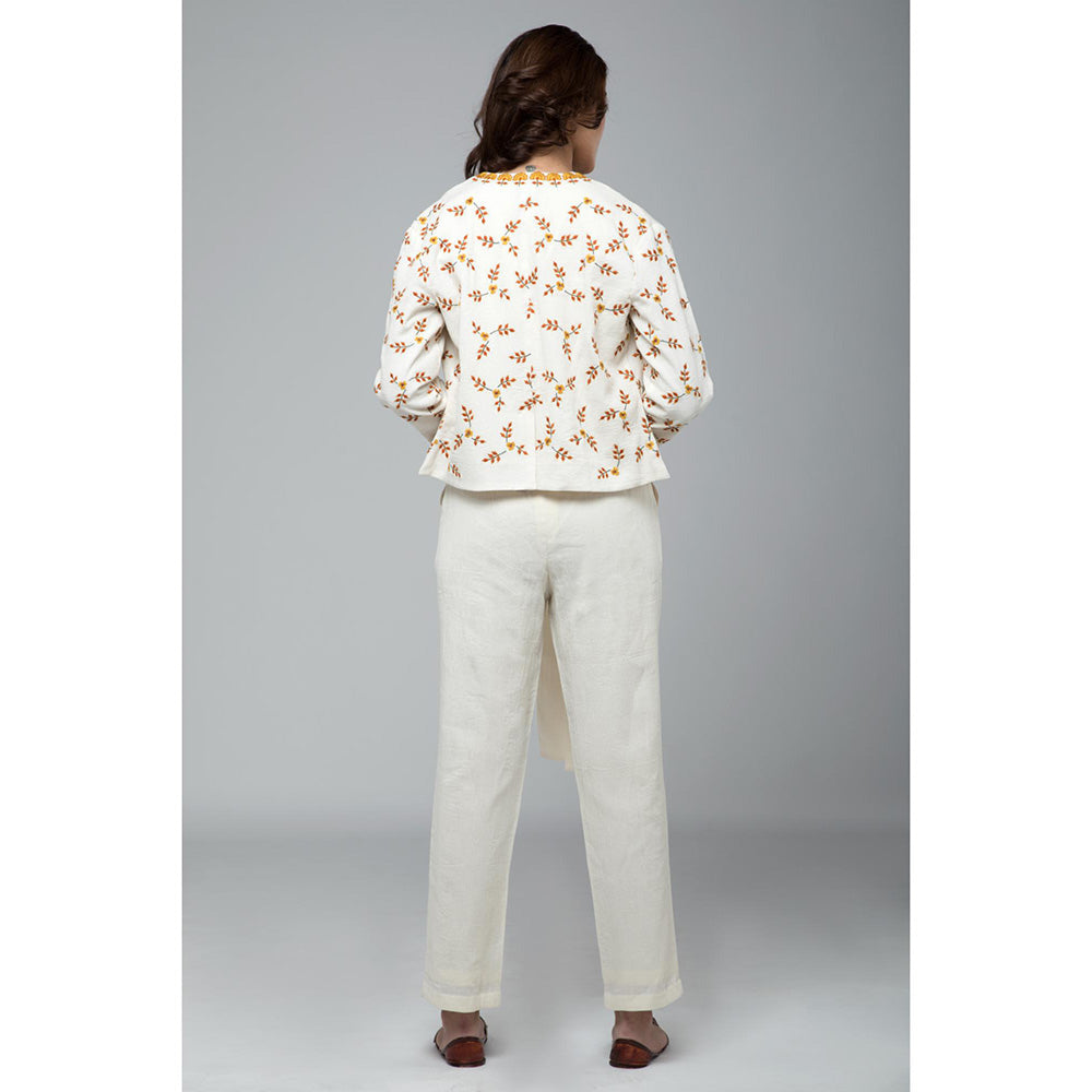 S & V designs Yellow Embroidered Crop Top and Jacket with Trouser (Set of 3)