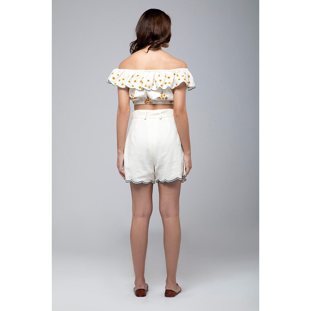 S & V designs Yellow Off Shoulder Embroidered Crop Top with Shorts and Belt (Set of 3)