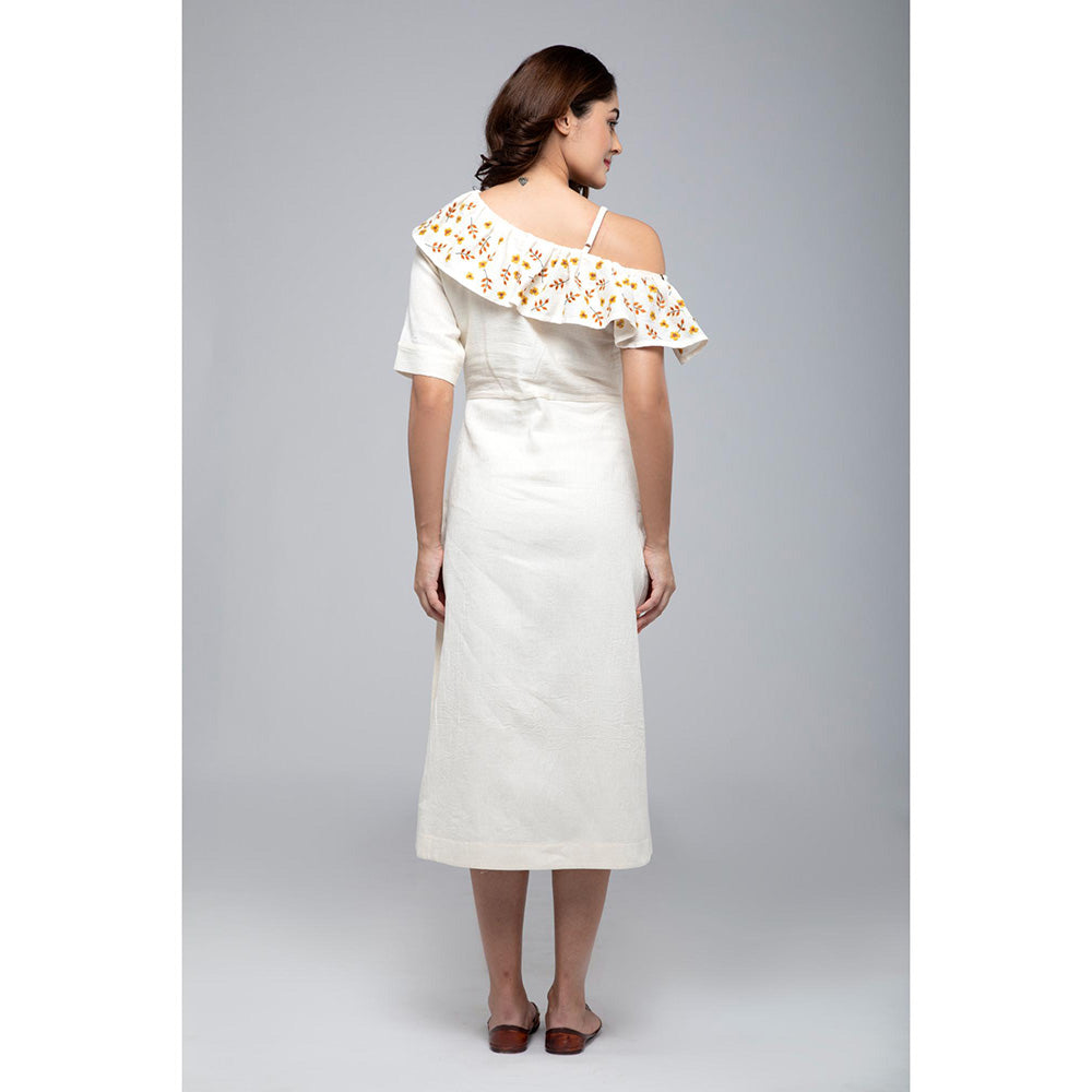 S & V designs Yellow One-Shoulder Frill Side Slit Midi Dress