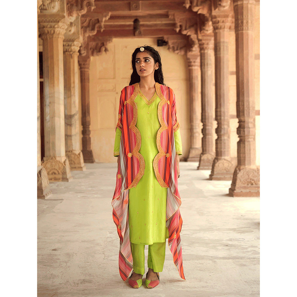 Swati Vijaivargie Mela Neon Green Kurta & Pant with Printed Cape (Set of 3)