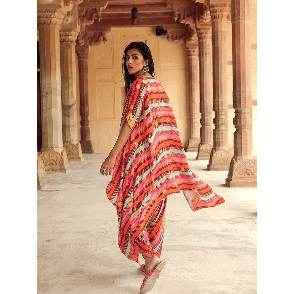 Swati Vijaivargie Mela Striped Dhoti Pant with Cape and Top (Set of 3)