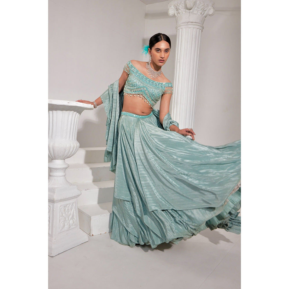 Swati Wadhwani Mirayah Pleated Embroidered Blouse with Lehenga and Dupatta (Set of 3)