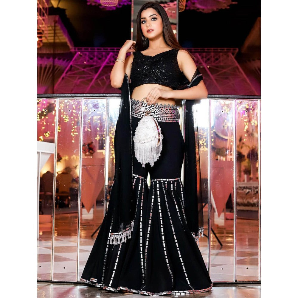 Swati Wadhwani Shimmer Black Embellished Blouse with Sharara and Dupatta (Set of 3)