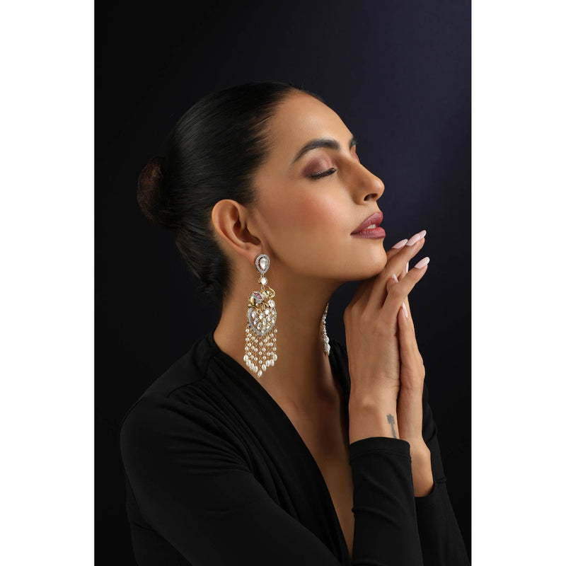 SWABHIMANN White Polki and Pearls Dangler Earrings