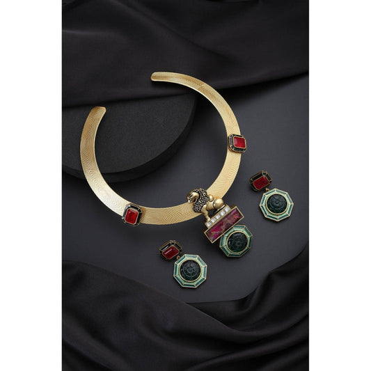 SWABHIMANN Emerald and Ruby Hasli Multi-Color Necklace with Earrings