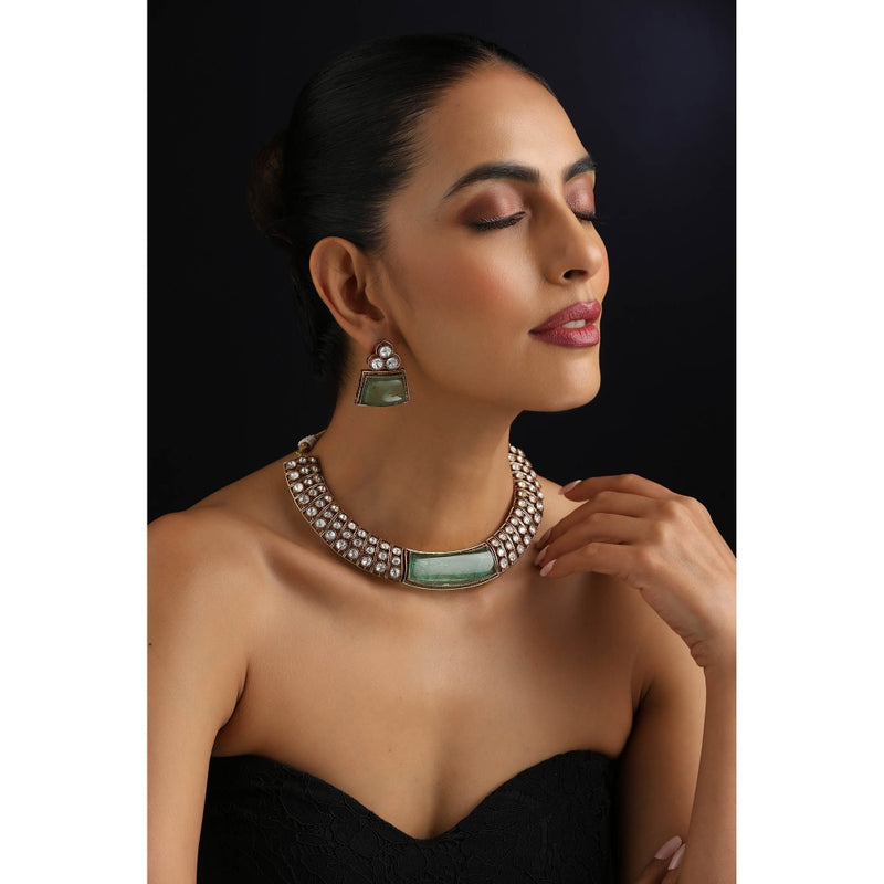 SWABHIMANN Mint Green Polki Hasli Necklace with Earrings