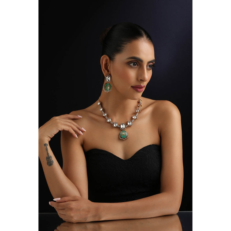 SWABHIMANN Mint Green Polki Hasli Necklace with Earrings