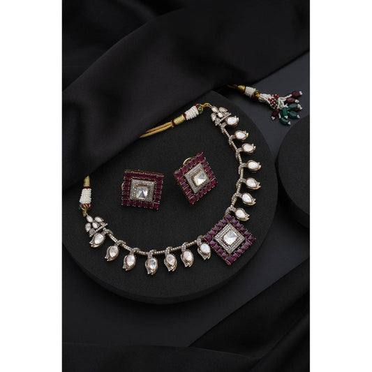 SWABHIMANN Ruby Polki Hasli Purple Necklace with Earrings