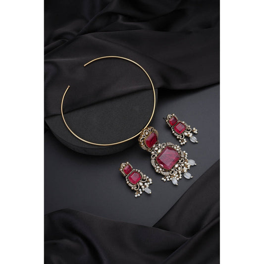 SWABHIMANN Ruby Polki Hasli Red Necklace with Earrings