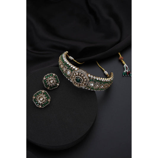 SWABHIMANN Emerald Polki Multi-Color Choker Necklace with Earrings