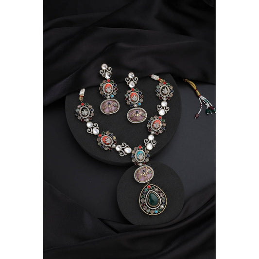 SWABHIMANN Multi-Color Polki Long Necklace with Earrings