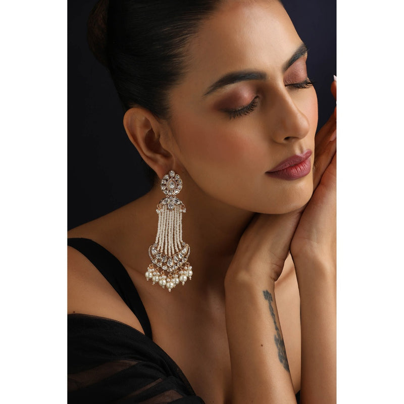 SWABHIMANN White Polki and Pearls Dangler Earrings