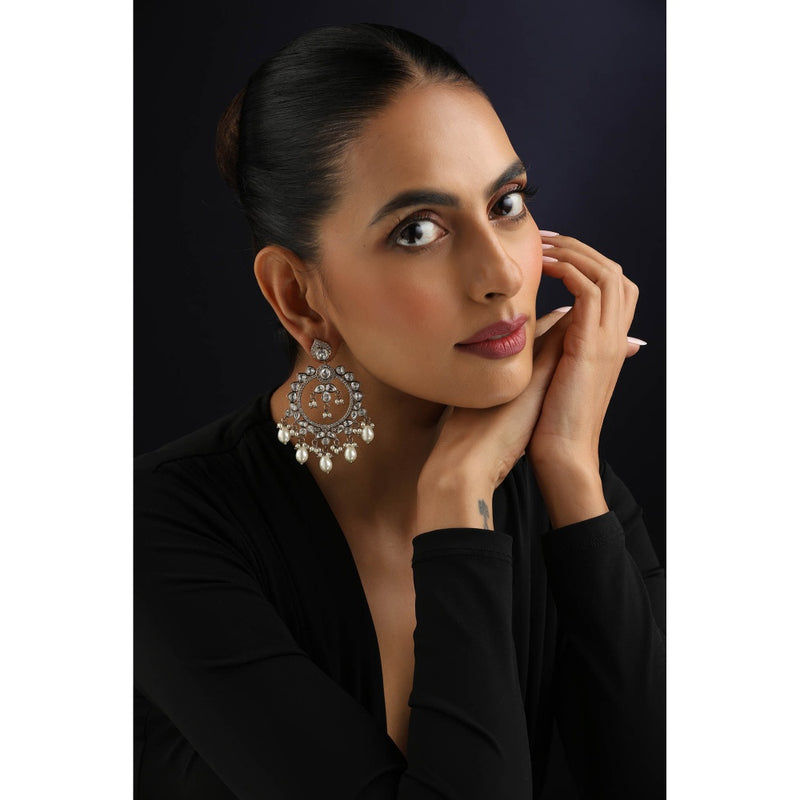 SWABHIMANN White Polki and Pearls Chandbali Earrings