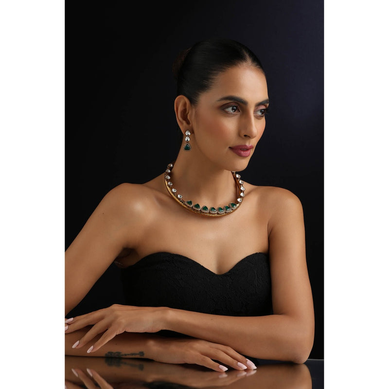 SWABHIMANN Green Polki Hasli Necklace with Earrings