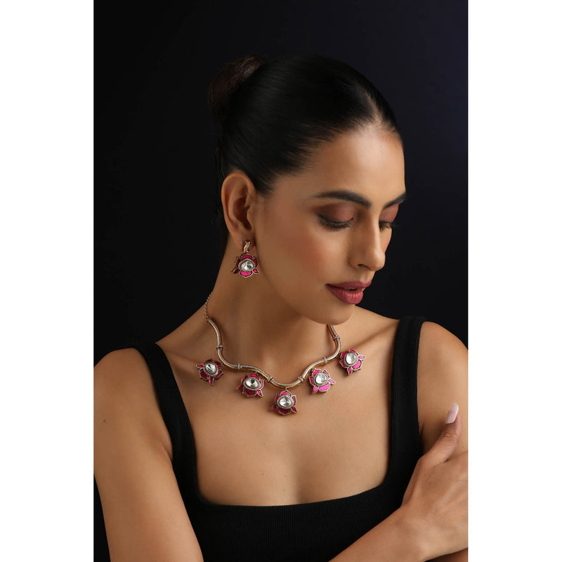 SWABHIMANN Ruby White Polki Hasli Necklace with Earrings