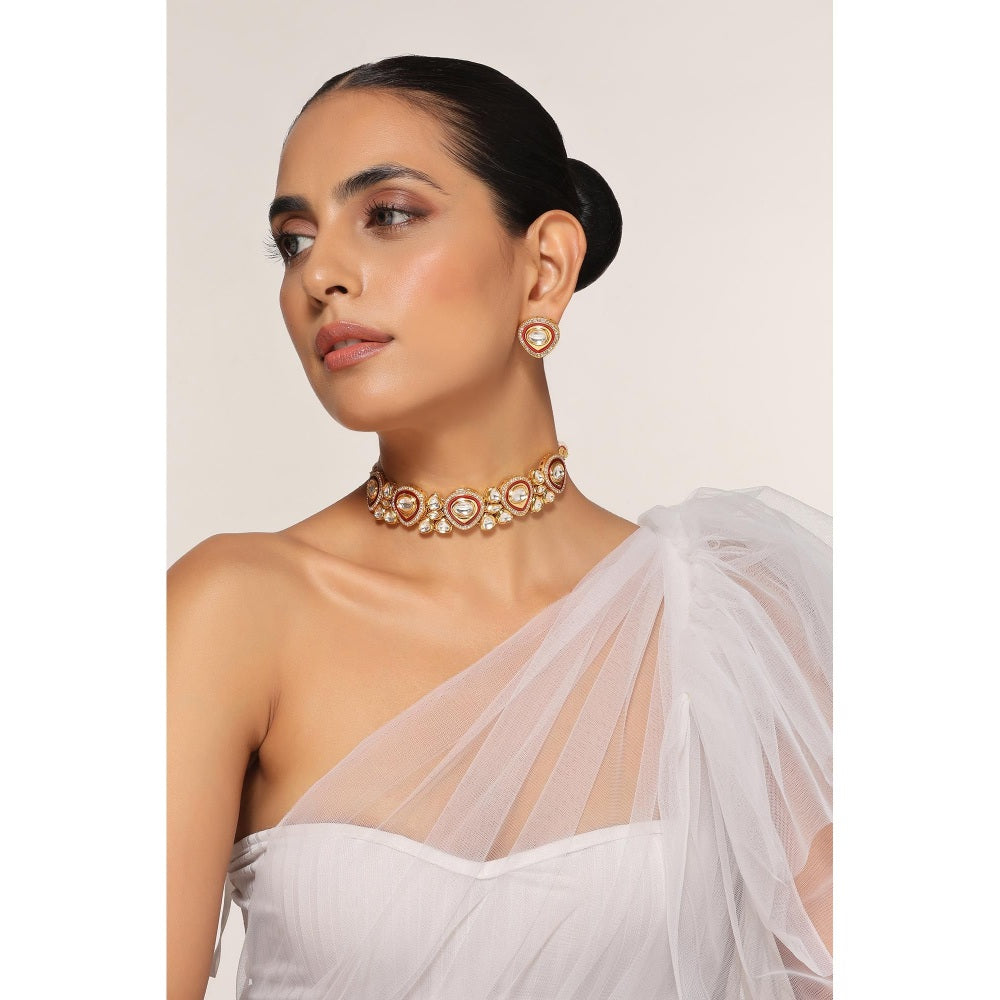 SWABHIMANN White Gold Plated Polka Choker with Earnings