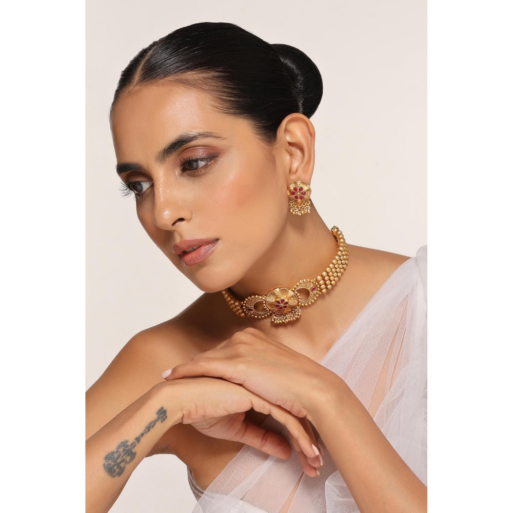 SWABHIMANN Red Gold Plated Temple Choker with Earnings