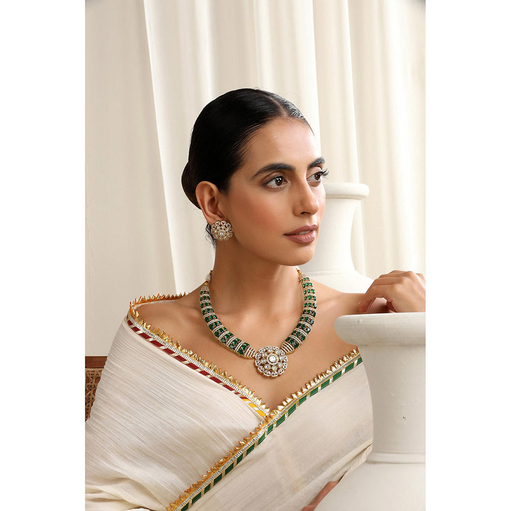SWABHIMANN Green Gold Plated Polka Choker with Earnings