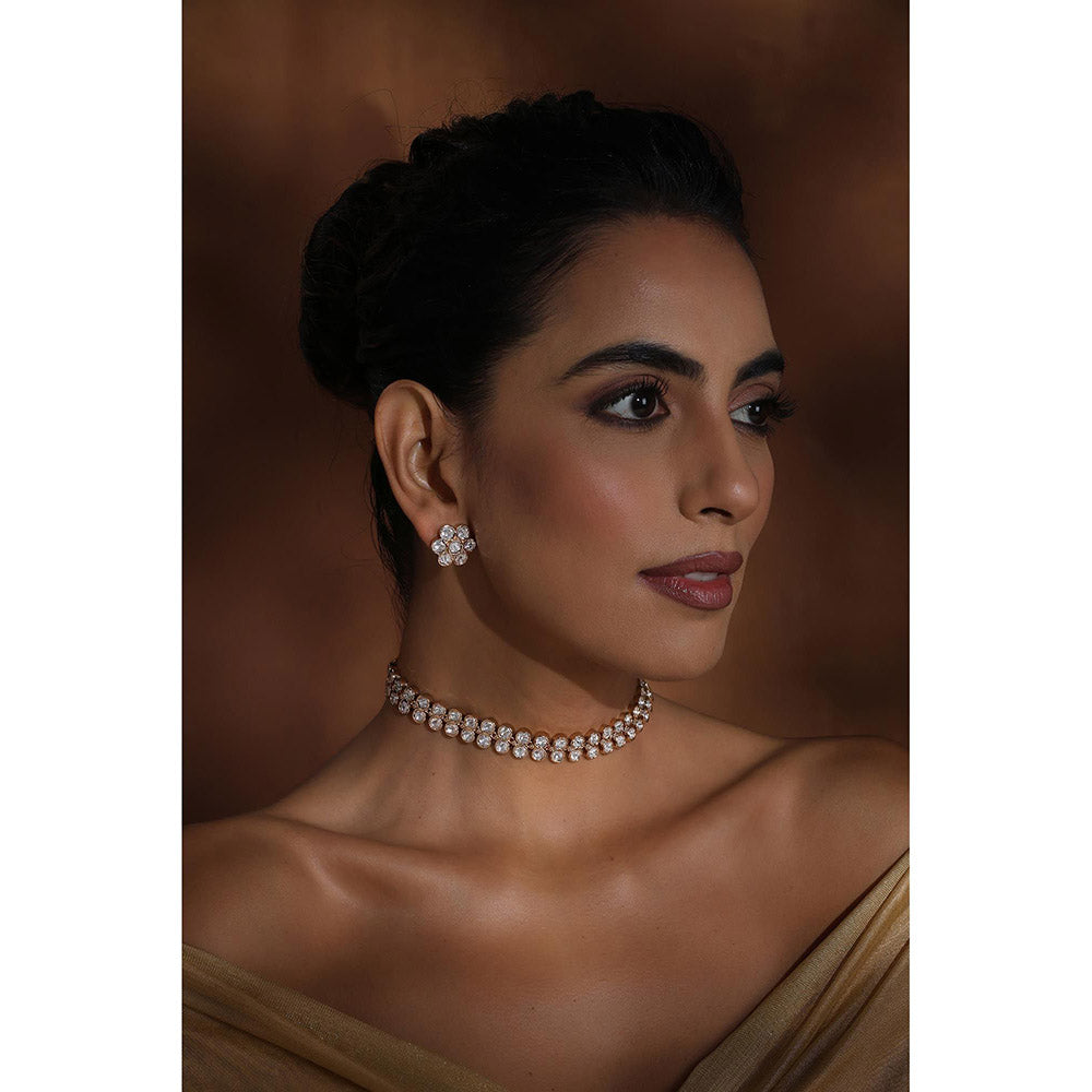 SWABHIMANN White Rose Gold Plated Polka Choker with Earnings