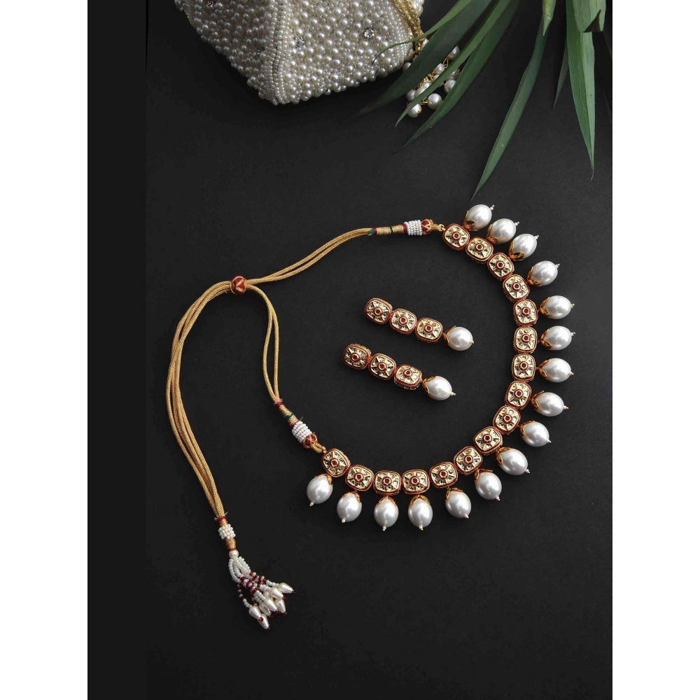SWABHIMANN Shifira White Gold Plated Pearl Short Necklace Set