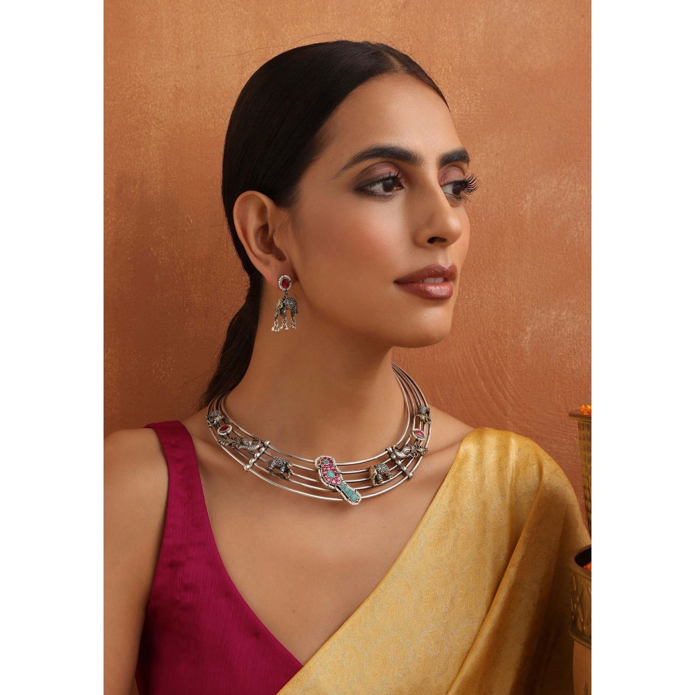 SWABHIMANN Migdha Multicolour Silver Hasli Necklace Set