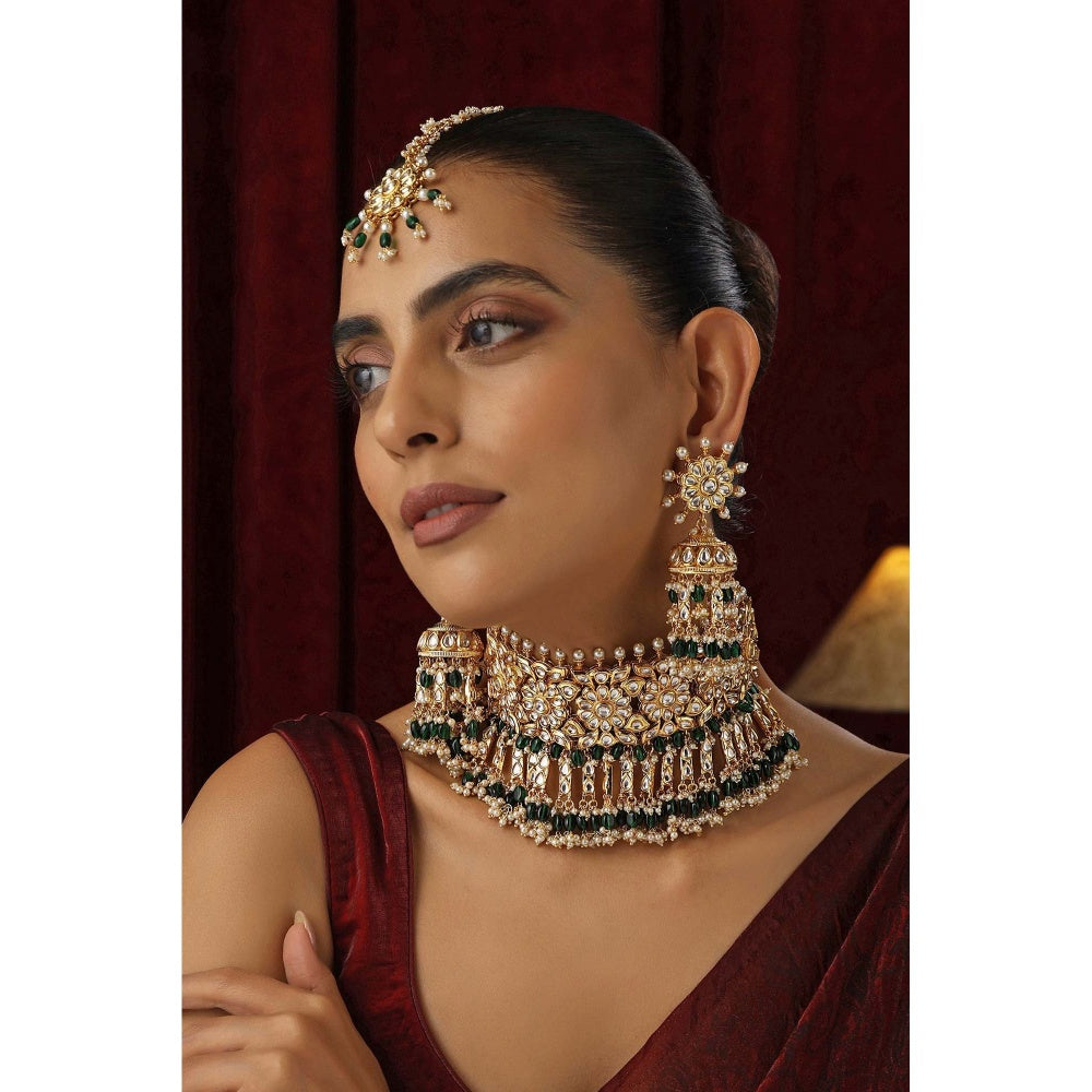 SWABHIMANN Jodha Multicolour Polki Choker Necklace Set with Maang Tikka