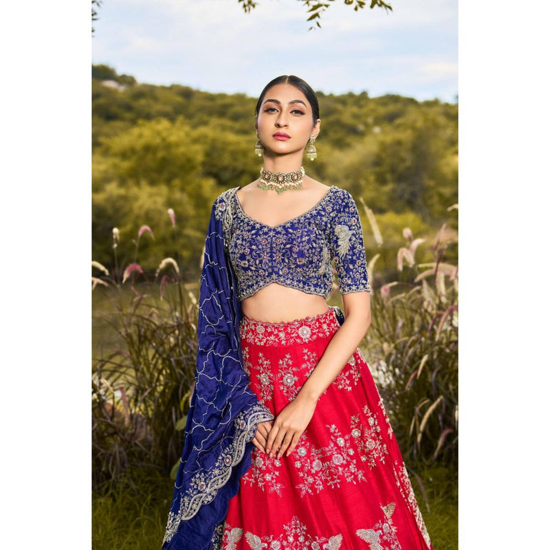 SWATHI VELDANDI Red and Blue Birds Lehenga Choli and Dupatta (Set of 3)