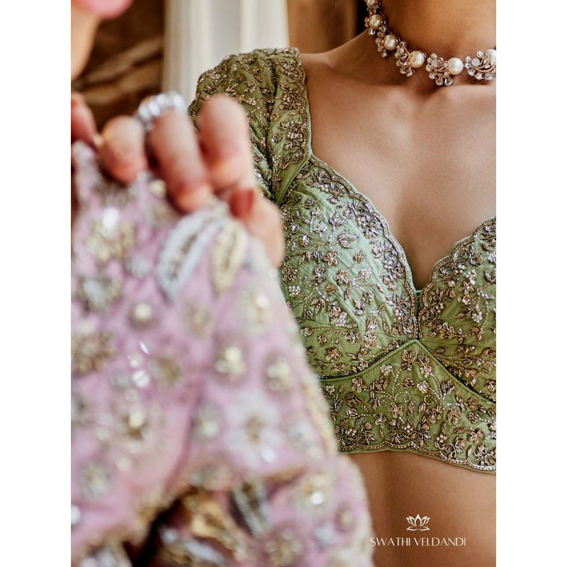 SWATHI VELDANDI Chinoise Green Lehenga with Blouse and Dupatta (Set of 3)