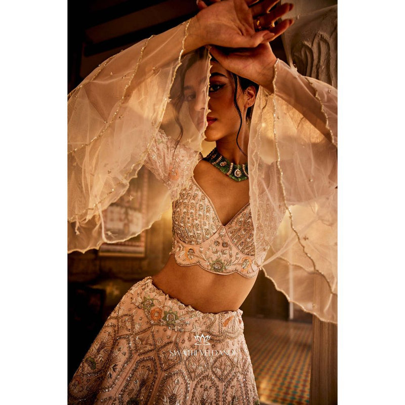 SWATHI VELDANDI Nude Pink Lehenga with Blouse and Dupatta (Set of 3)