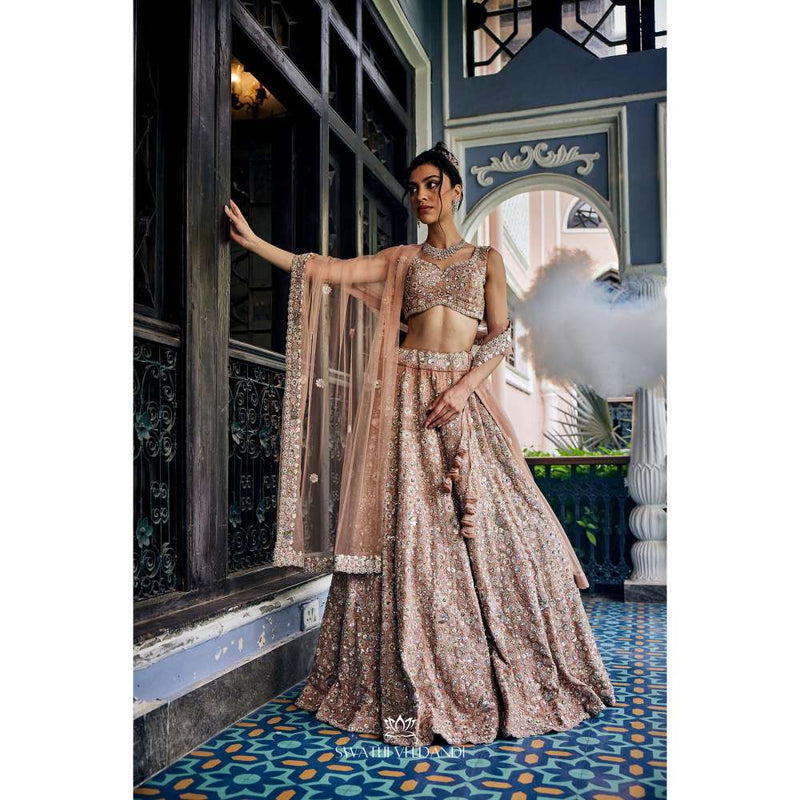 SWATHI VELDANDI Gold Tissue Lehenga with Blouse and Dupatta (Set of 3)