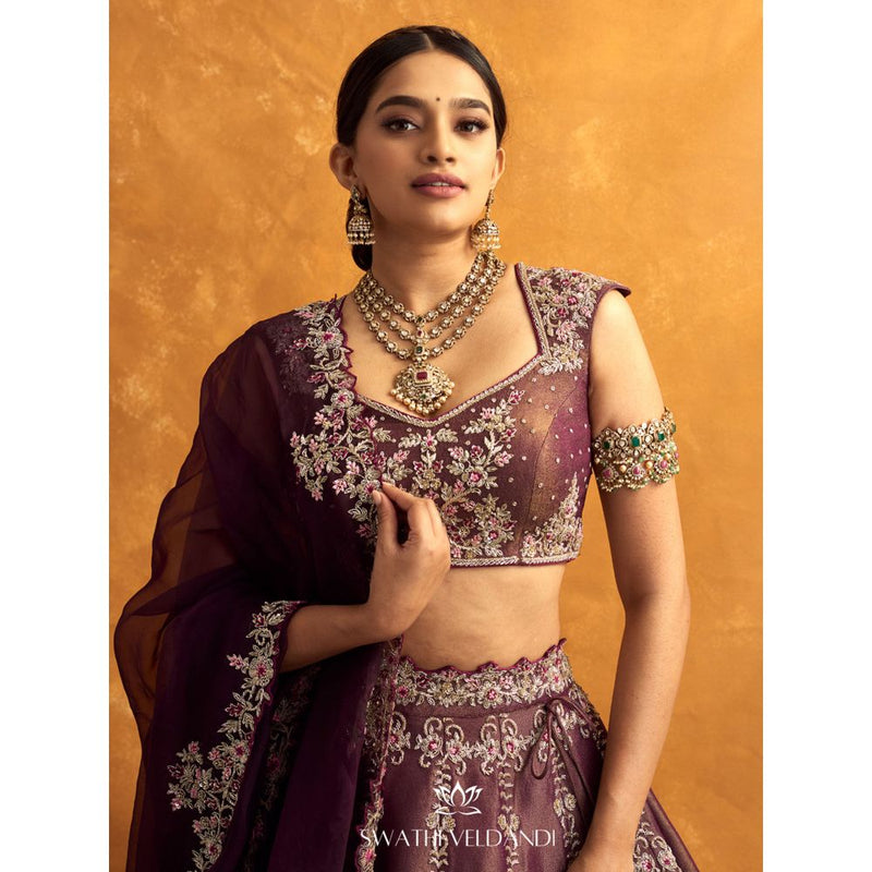 SWATHI VELDANDI Brown Tissue Lehenga with Blouse and Dupatta (Set of 3)