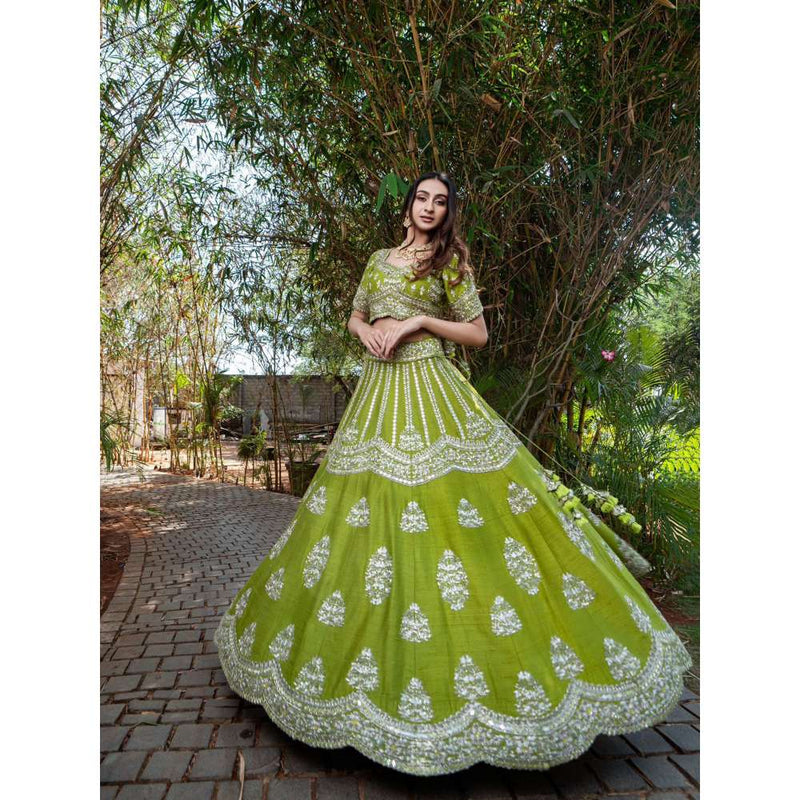 SWATHI VELDANDI Chartreuse Lehenga with Blouse and Dupatta (Set of 3)