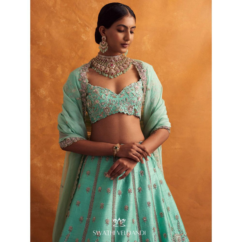 SWATHI VELDANDI Pista Lehenga with Blouse and Dupatta (Set of 3)