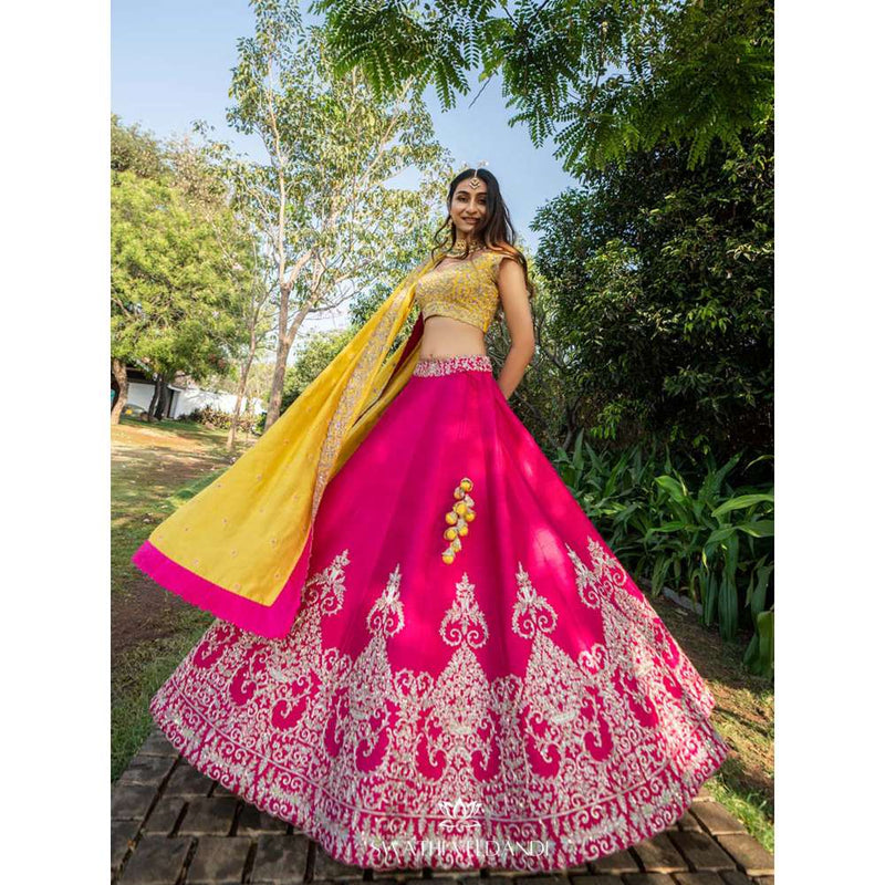 SWATHI VELDANDI Pink Yellow Lehenga with Blouse and Dupatta (Set of 3)