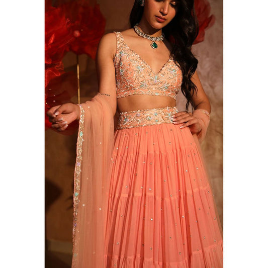 SWATHI VELDANDI Pristine Peach Lehenga with Blouse and Dupatta (Set of 3)
