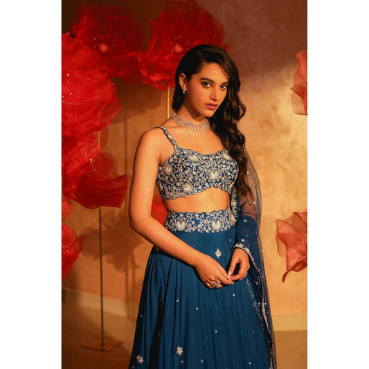 SWATHI VELDANDI Lavish Teal Blue Lehenga with Blouse and Dupatta (Set of 3)