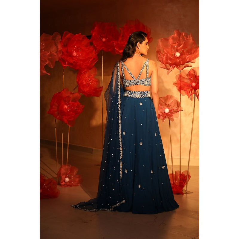 SWATHI VELDANDI Lavish Teal Blue Lehenga with Blouse and Dupatta (Set of 3)