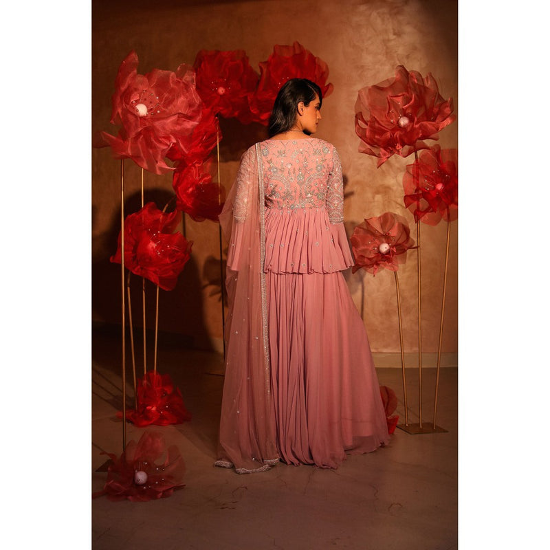 SWATHI VELDANDI Glamorous Onion Pink Peplum Top and Sharara with Dupatta (Set of 3)