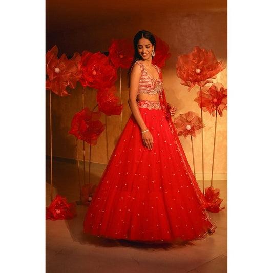 SWATHI VELDANDI Exquisite Red Lehenga with Blouse and Dupatta (Set of 3)