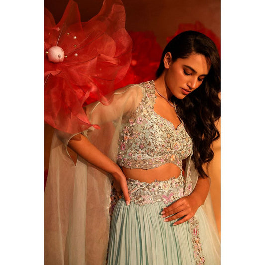 SWATHI VELDANDI Calming Ice Blue Lehenga with Cape and Blouse (Set of 3)