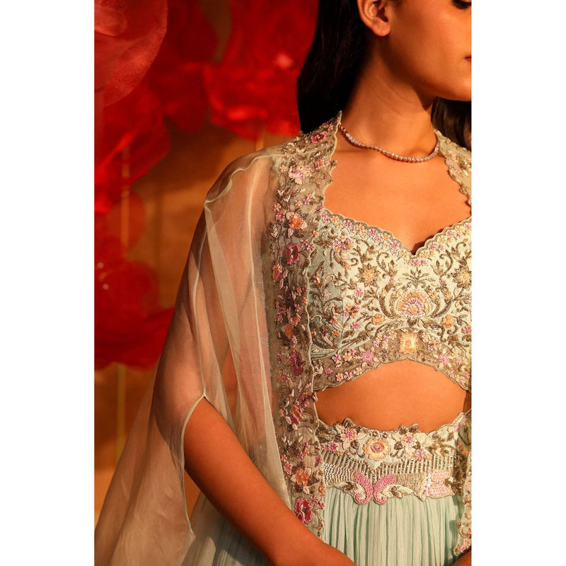 SWATHI VELDANDI Calming Ice Blue Lehenga with Cape and Blouse (Set of 3)