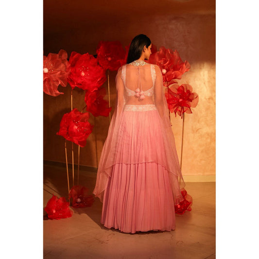 SWATHI VELDANDI Calica Cameo Pink Lehenga with Cape and Blouse (Set of 3)