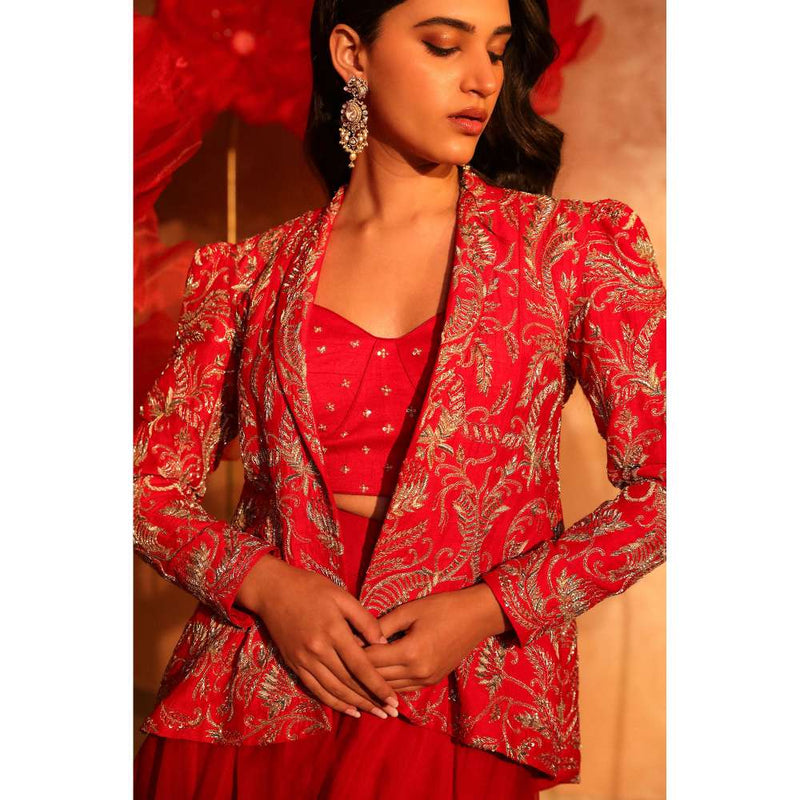 SWATHI VELDANDI Radiant Red Bustier with Palazzo and Embroidered Jacket (Set of 3)