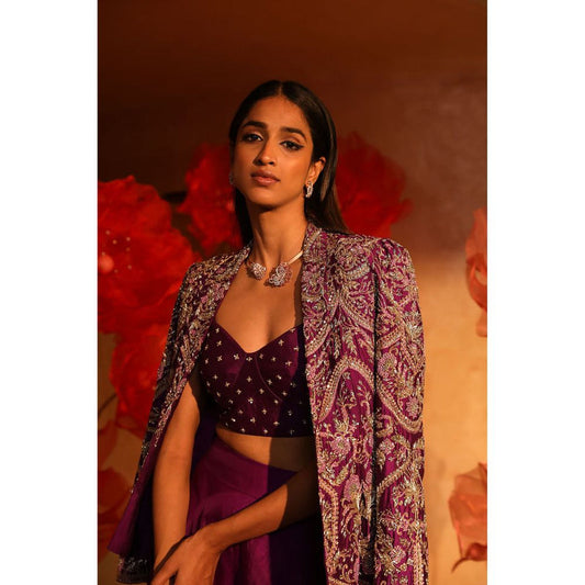 SWATHI VELDANDI Premium Purple Bustier with Palazzo and Embroidered Jacket (Set of 3)
