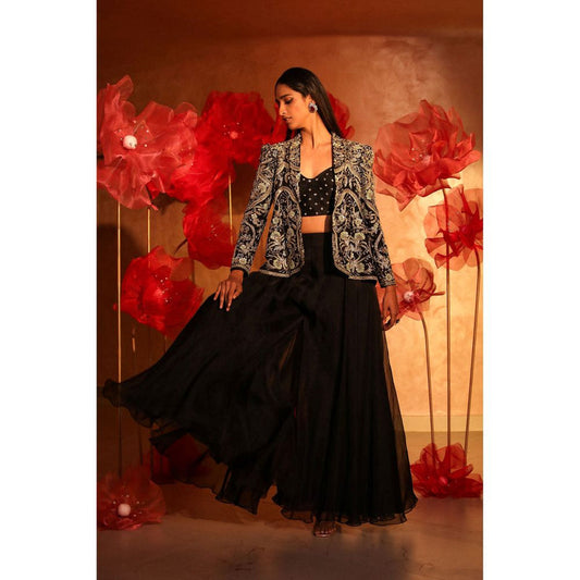 SWATHI VELDANDI Classy Black Bustier with Palazzo and Embroidered Jacket (Set of 3)