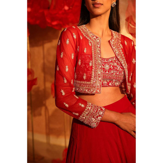SWATHI VELDANDI Radiant Red Lehenga with Bustier and Embroided Jacket (Set of 3)