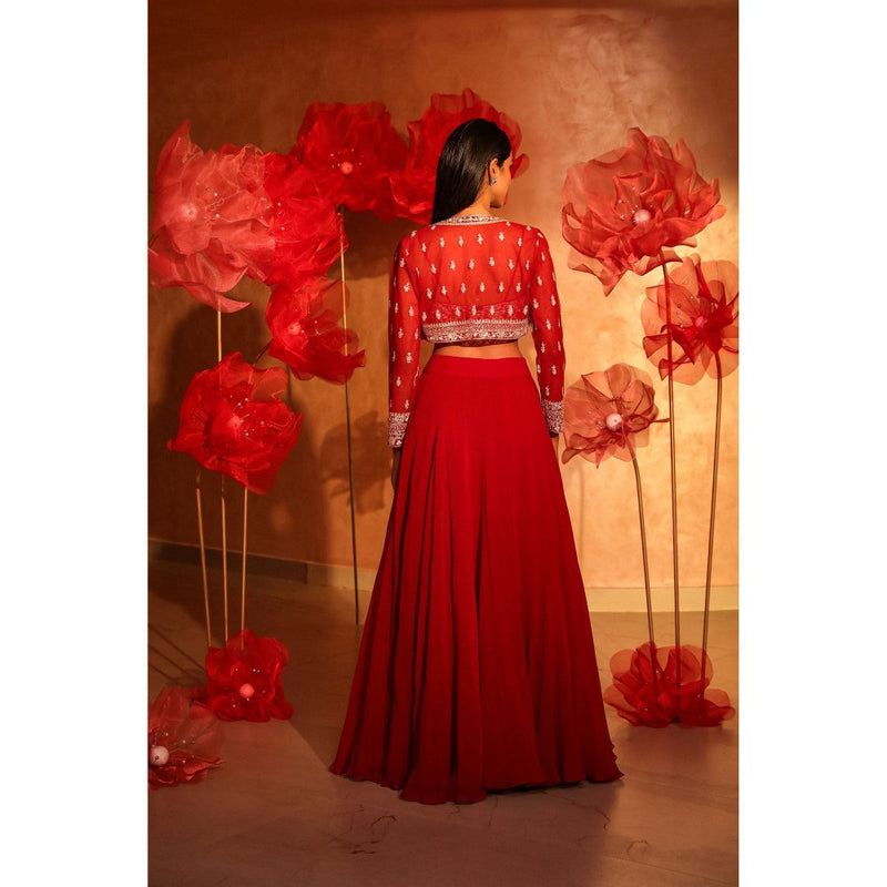 SWATHI VELDANDI Radiant Red Lehenga with Bustier and Embroided Jacket (Set of 3)