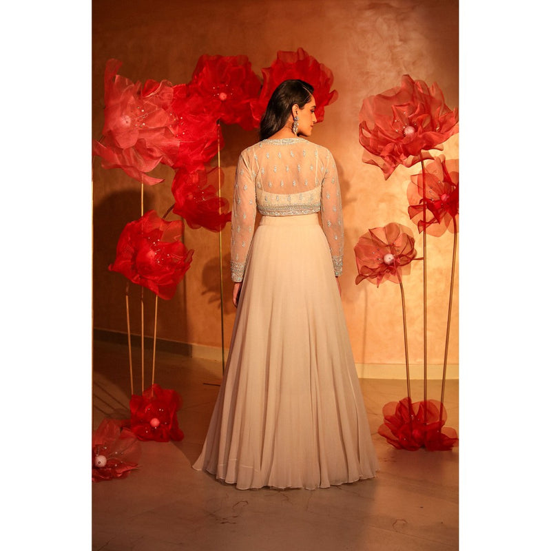 SWATHI VELDANDI Belleza Ivory Lehenga with Bustier and Embroided Jacket (Set of 3)